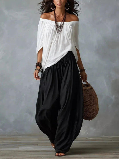 Full Size Off-Shoulder Top and Wide-Leg Harem Pants Set Plus Size Luxe Curves Plus Size Fashion
