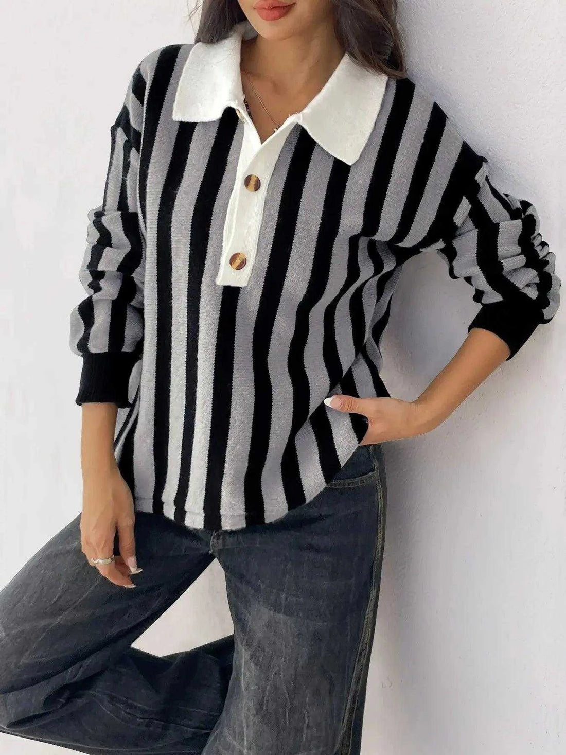 Striped Button Front Long Sleeve Sweater Luxe Curves Plus Size Fashion