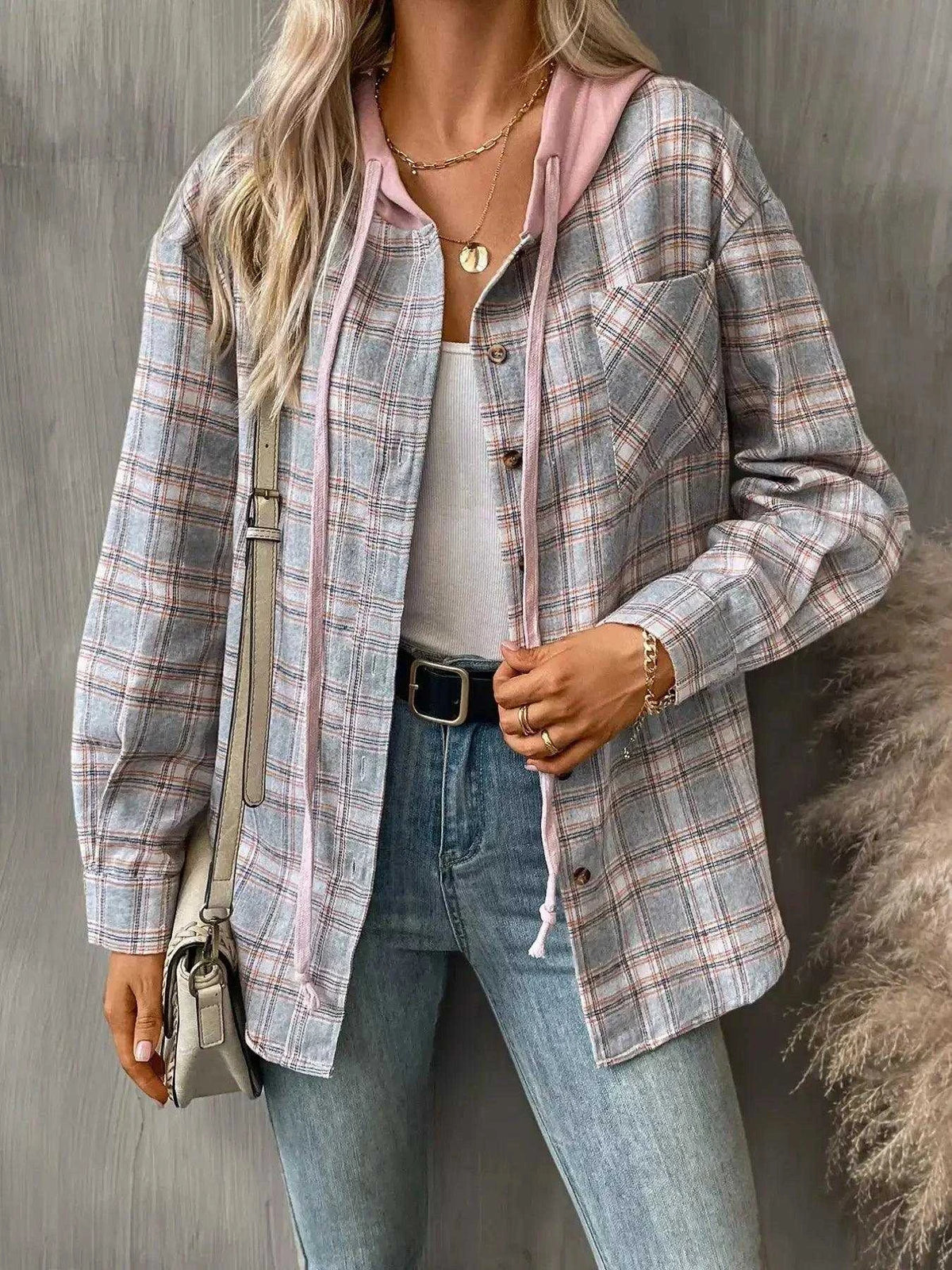 Plaid Button-Up Hooded Shirt with Chest Pocket Luxe Curves Plus Size Fashion