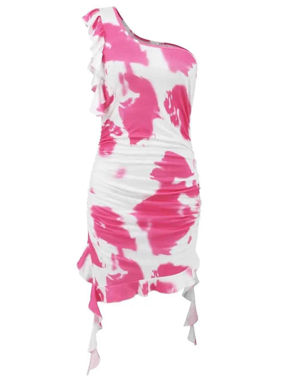 Ruffled Tie-Dye Single Shoulder Mini Dress Luxe Curves Plus Size Fashion