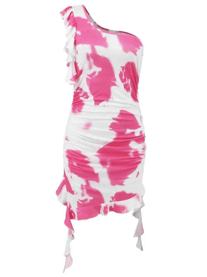Ruffled Tie-Dye Single Shoulder Mini Dress Luxe Curves Plus Size Fashion