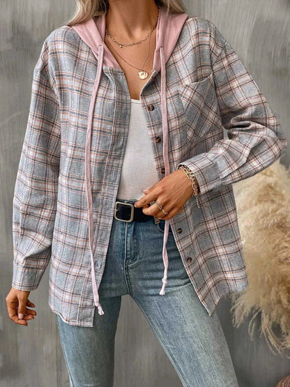 Plaid Button-Up Hooded Shirt with Chest Pocket Luxe Curves Plus Size Fashion
