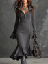 Full Size Quarter-Zip charcoal gray ribbed knit dress with long sleeves, zipper, flared mermaid hem, and ruffled cuffs