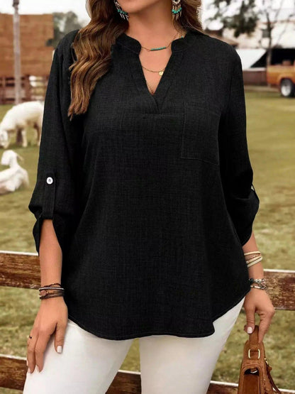 Plus Size Notched Roll-Tab Sleeve Casual Blouse Luxe Curves Plus Size Fashion