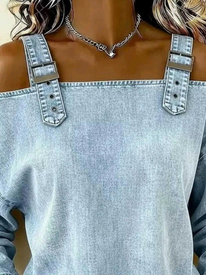 Full Size Buckle Strap Long Sleeve Denim Top Plus Size Luxe Curves Plus Size Fashion