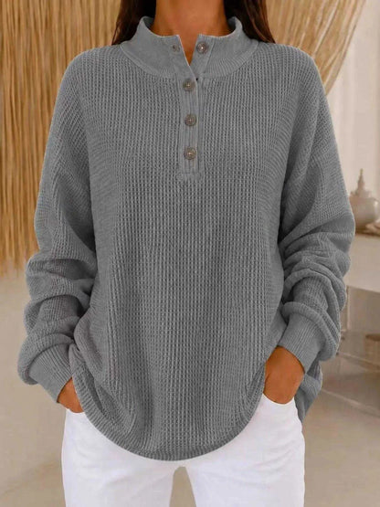 Full Size Waffle Knit Button Detail Sweatshirt Plus Size Luxe Curves Plus Size Fashion