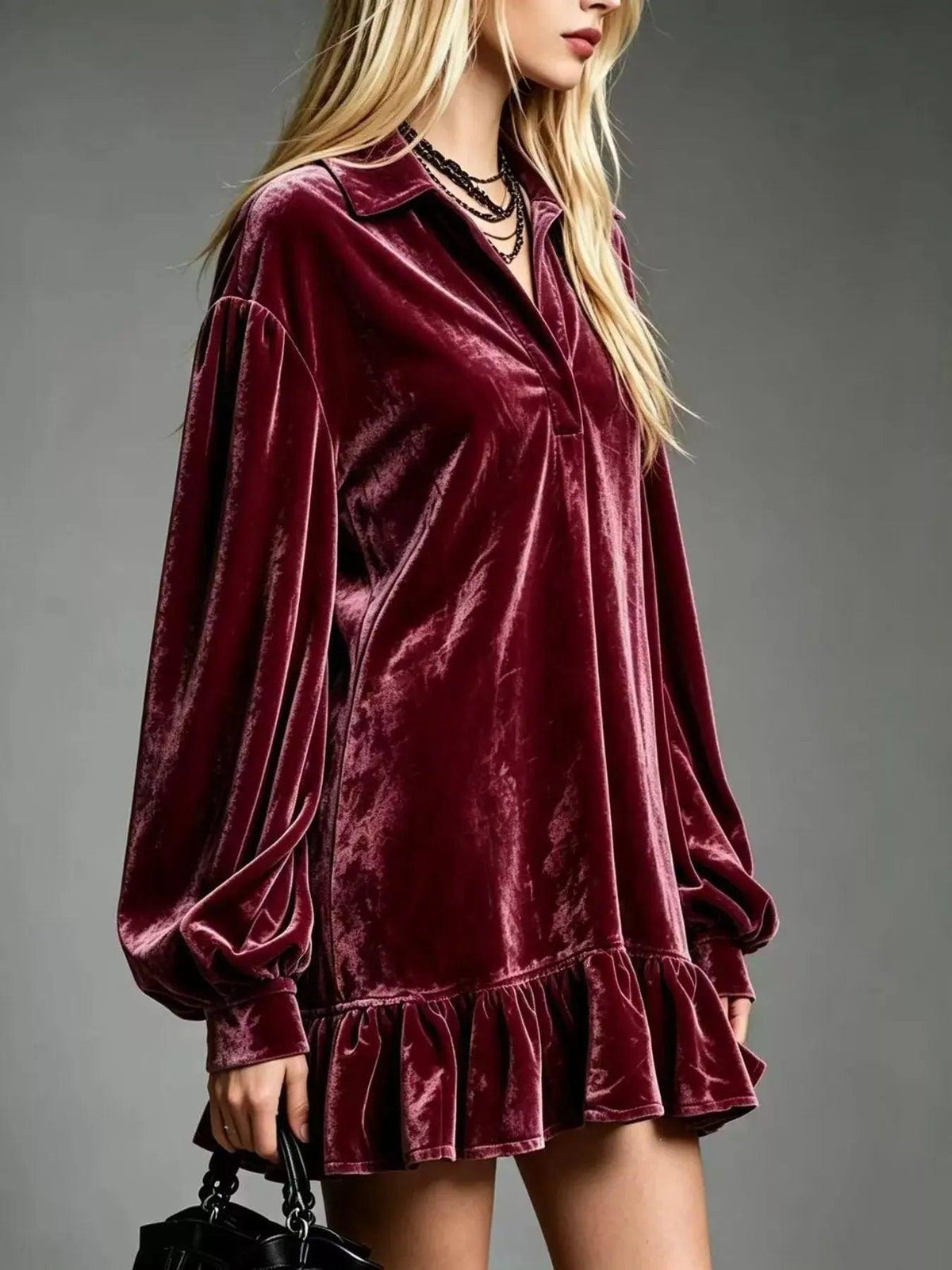 Full Size Velvet Ruffled Hem Long Sleeve Dress Plus Size Luxe Curves Plus Size Fashion