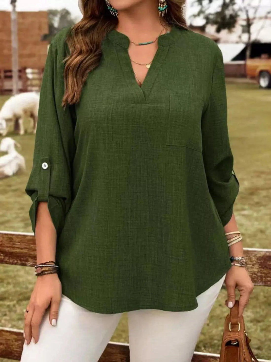 Plus Size Notched Roll-Tab Sleeve Casual Blouse Luxe Curves Plus Size Fashion
