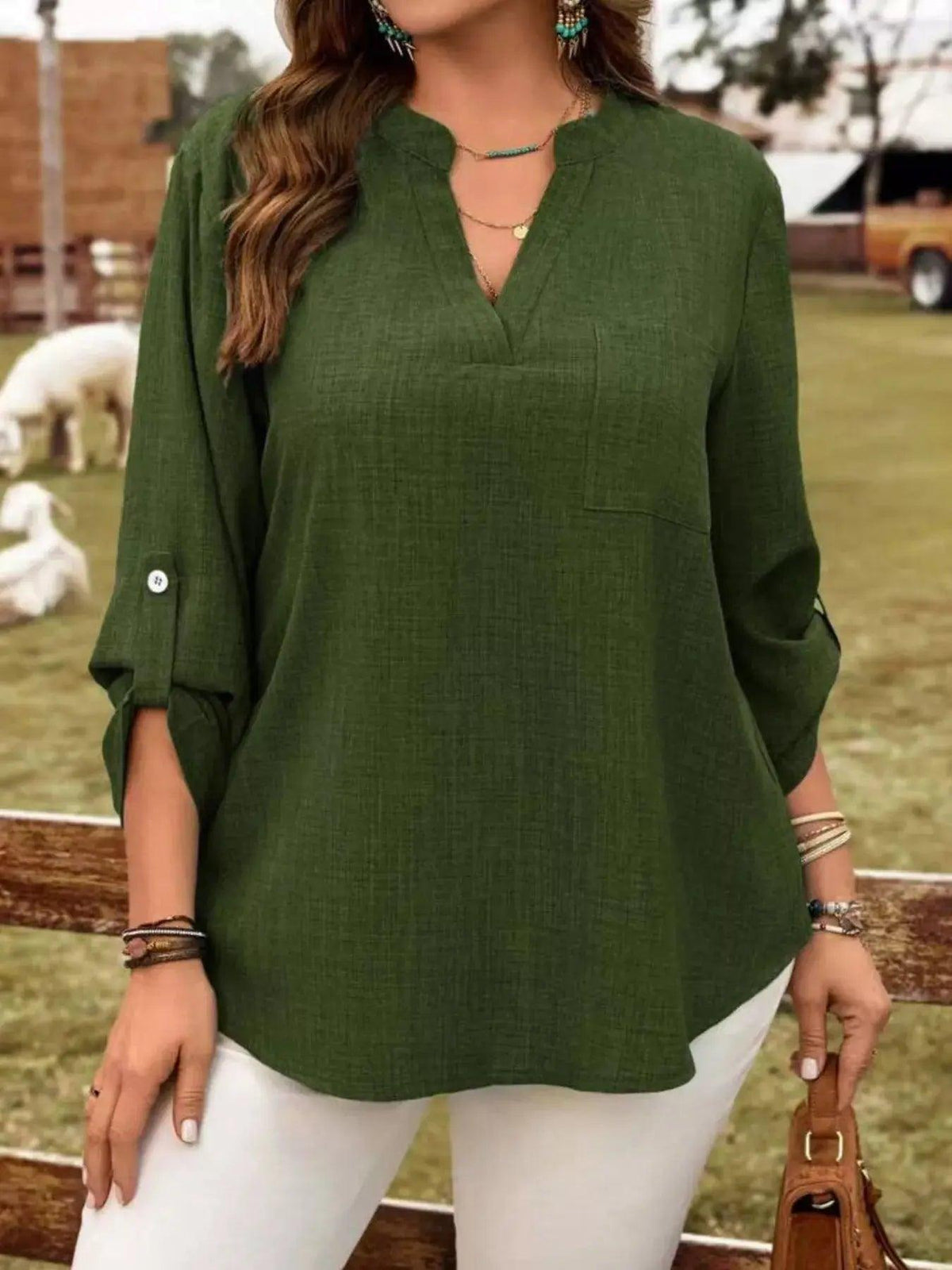 Plus Size Notched Roll-Tab Sleeve Casual Blouse Luxe Curves Plus Size Fashion