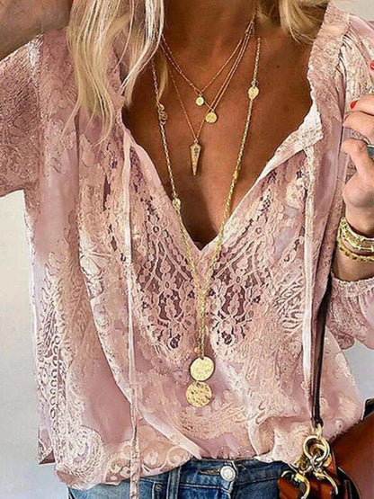 Lace Tie-Neck Blouse Luxe Curves Plus Size Fashion