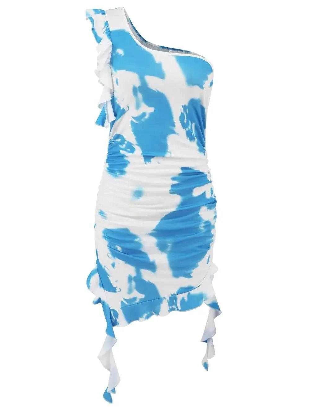 Ruffled Tie-Dye Single Shoulder Mini Dress Luxe Curves Plus Size Fashion