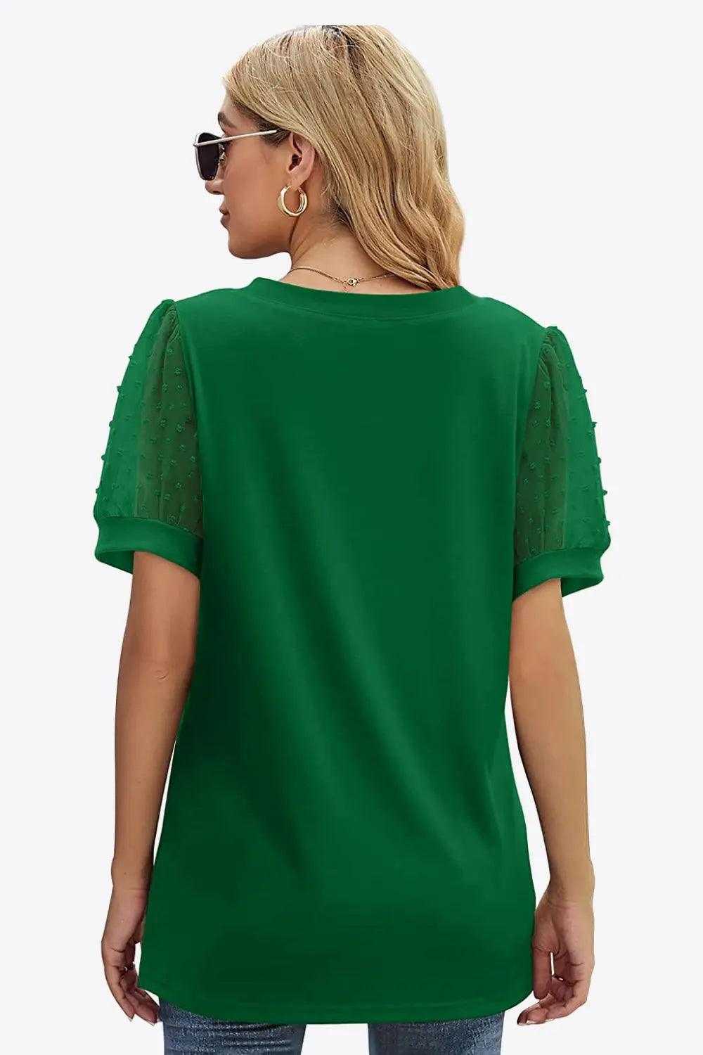 Swiss Dot Puff Sleeve V-Neck Tee Luxe Curves Plus Size Fashion