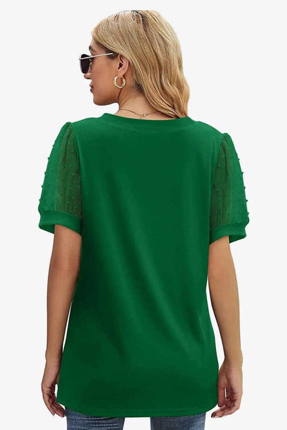 Swiss Dot Puff Sleeve V-Neck Tee Luxe Curves Plus Size Fashion
