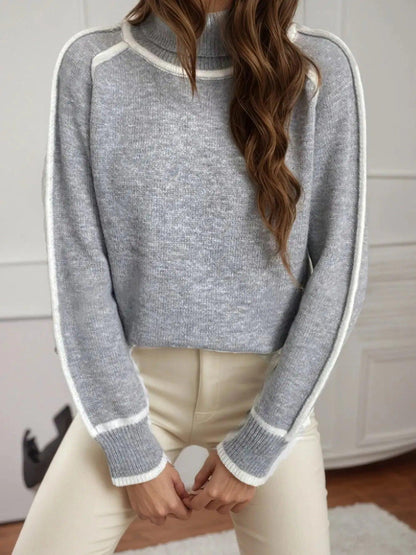 Turtleneck Contrast Trim Sweater with Ribbed Details Luxe Curves Plus Size Fashion