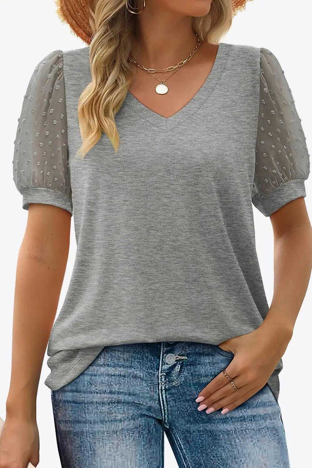 Swiss Dot Puff Sleeve gray rayon-blend tee with V-neck and sheer textured puff sleeves