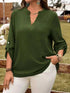 Plus Size Notched Roll-Tab Sleeve blouse in dark olive green polyester with V-neck and button tabs
