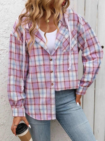 Plaid Button-Up Hooded Shirt with Chest Pocket Luxe Curves Plus Size Fashion