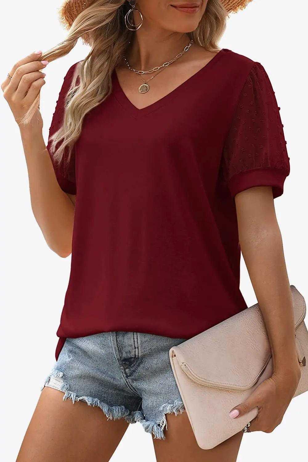 Swiss Dot Puff Sleeve V-Neck Tee Luxe Curves Plus Size Fashion