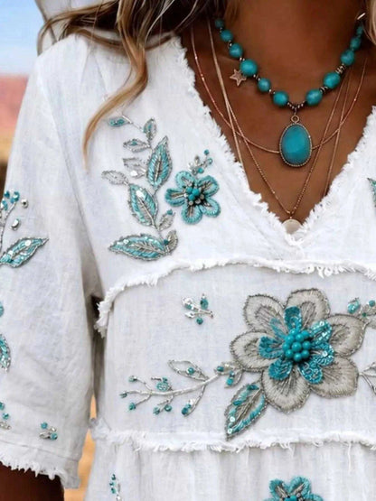 Full Size Floral Raw Hem V-Neck Blouse Plus Size Luxe Curves Plus Size Fashion