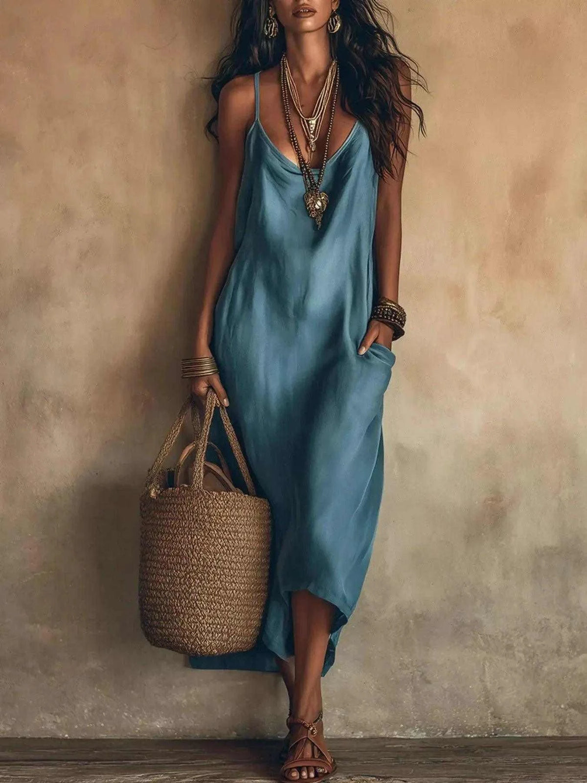 Full Size Spaghetti Strap Midi Dress with Pockets Plus Size Luxe Curves Plus Size Fashion