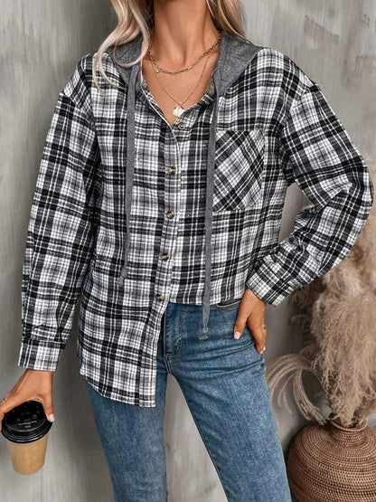 Plaid Button-Up Hooded Shirt with Chest Pocket Luxe Curves Plus Size Fashion