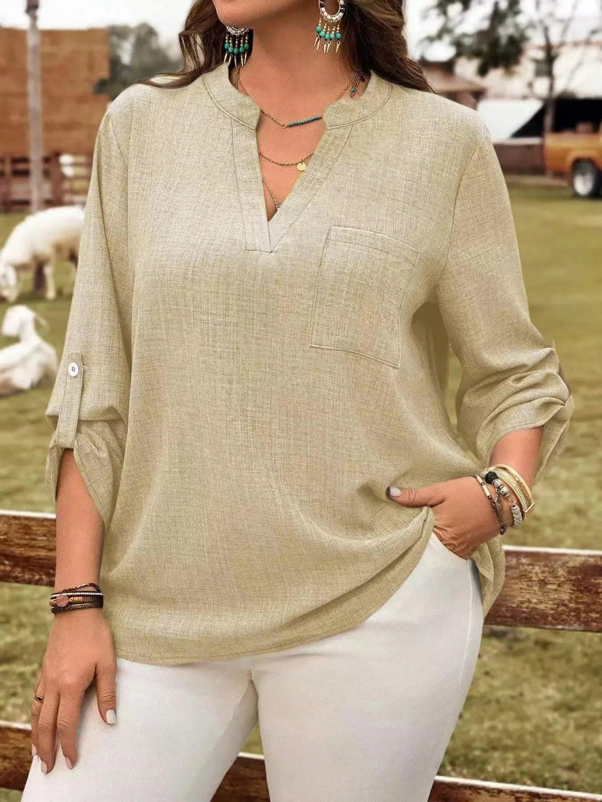 Plus Size Notched Roll-Tab Sleeve Casual Blouse Luxe Curves Plus Size Fashion