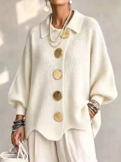 Cardigan with Full Size Gold Buttons in ivory knit, featuring a collared design and lantern sleeves
