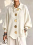 Cardigan with Full Size Gold Buttons in ivory knit, featuring a collared design and lantern sleeves