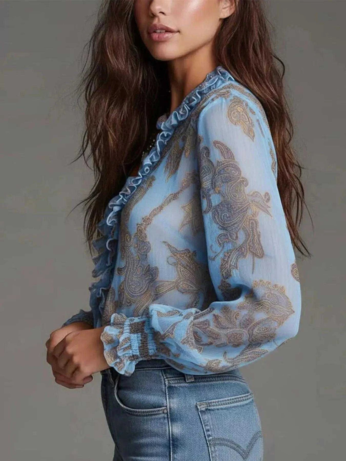 Full Size Paisley Print Ruffle Trim Zip-Front Blouse Plus Size Luxe Curves Plus Size Fashion