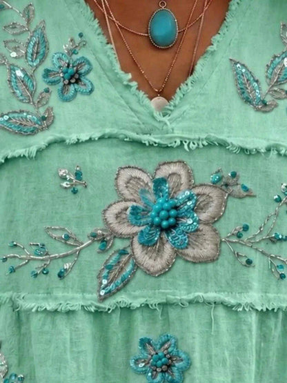 Full Size Floral Raw Hem V-Neck Blouse Plus Size Luxe Curves Plus Size Fashion