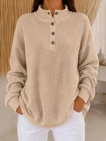 Full Size Waffle Knit Button Detail Sweatshirt Plus Size Luxe Curves Plus Size Fashion