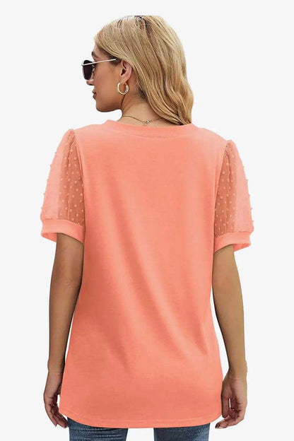 Swiss Dot Puff Sleeve V-Neck Tee Luxe Curves Plus Size Fashion