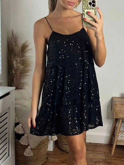 Full Size Sequin Tie Shoulder Mini Dress Plus Size Luxe Curves Plus Size Fashion