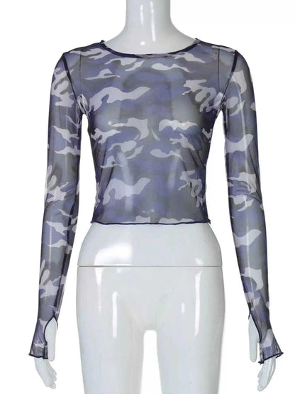 Camouflage Mesh Long Sleeve T-Shirt Luxe Curves Plus Size Fashion
