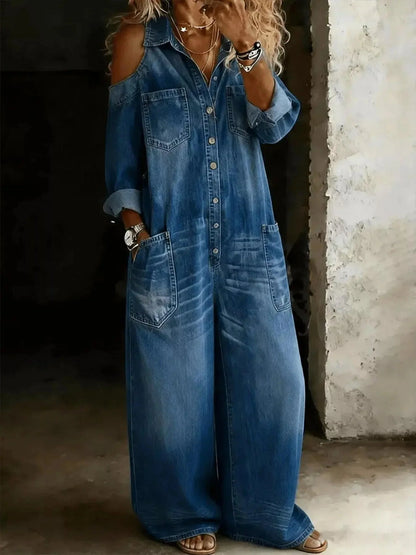 Denim jumpsuit in blue cotton blend with Full Size Cold Shoulder cutouts, button front, chest and side pockets