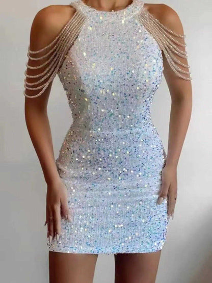 Full Size Sequin silver bodycon mini dress with halter neckline, cutout shoulders and draped shoulder chains