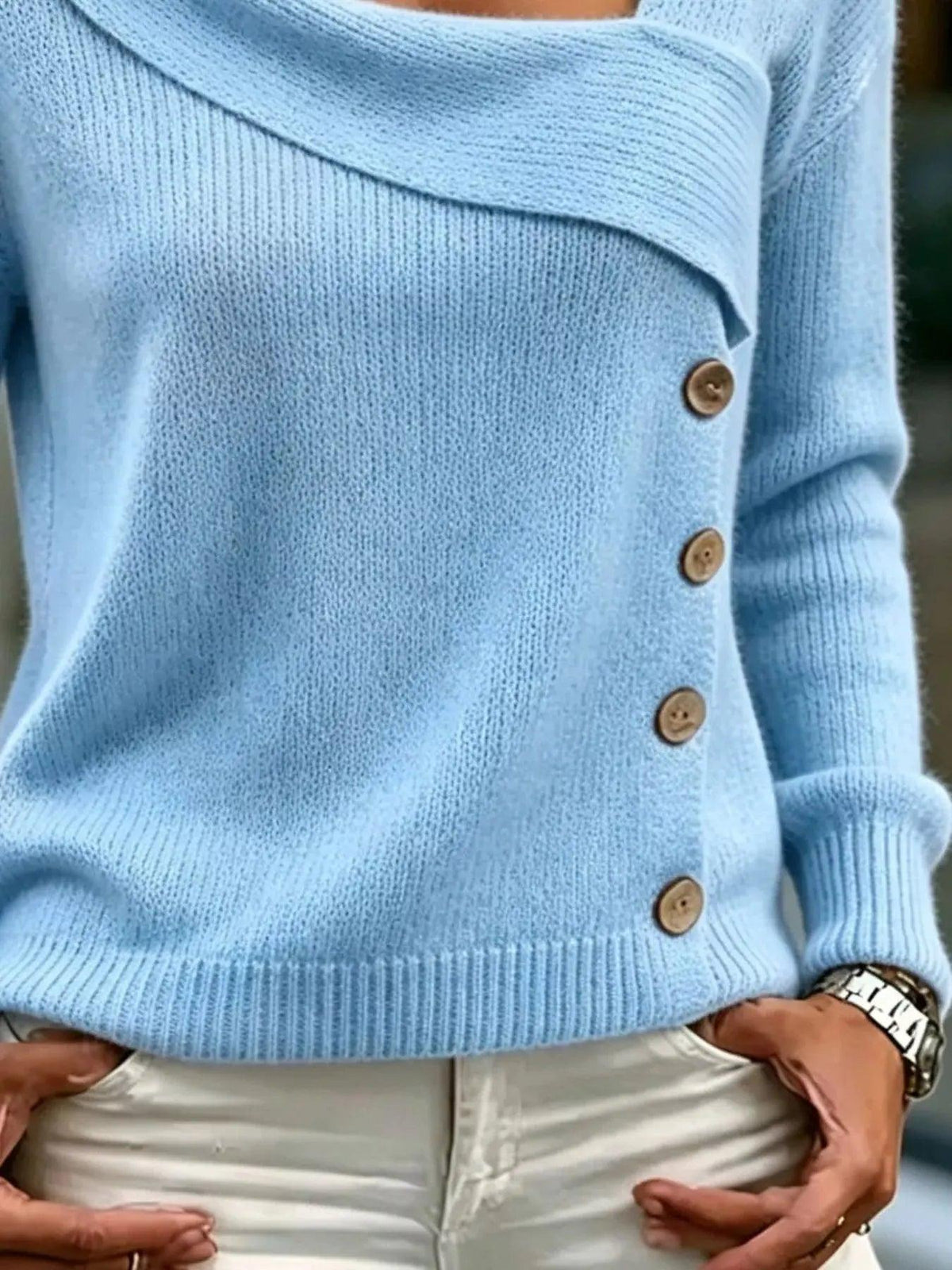 Full Size Asymmetrical Decor Button Sweater Plus Size Luxe Curves Plus Size Fashion