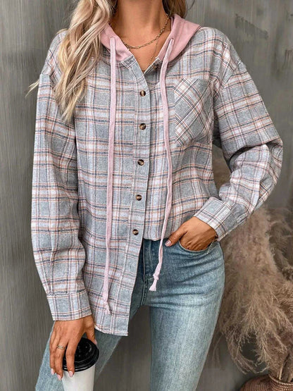 Plaid Button-Up Hooded Shirt with Chest Pocket Luxe Curves Plus Size Fashion