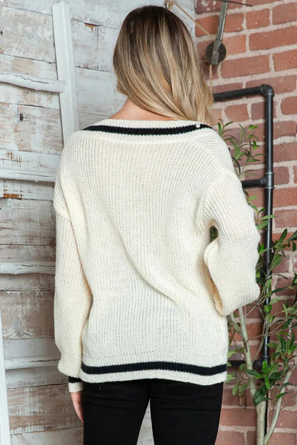 Contrast Trim V-Neck Long Sleeve Sweater Luxe Curves Plus Size Fashion