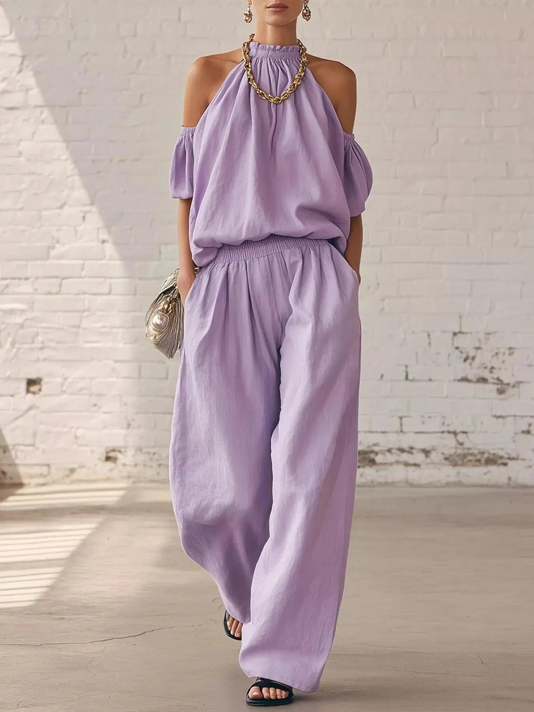 Full Size Cold-Shoulder Top and wide-leg pants set in lavender polyester with ruffled sleeves and gathered waist