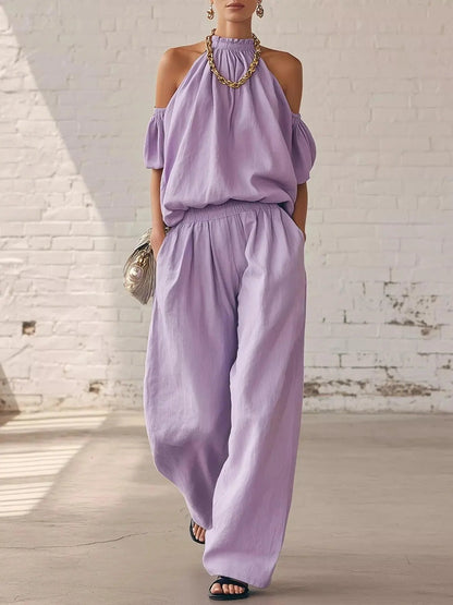 Full Size Cold-Shoulder Top and wide-leg pants set in lavender polyester with ruffled sleeves and gathered waist