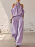 Full Size Cold-Shoulder Top and wide-leg pants set in lavender polyester with ruffled sleeves and gathered waist