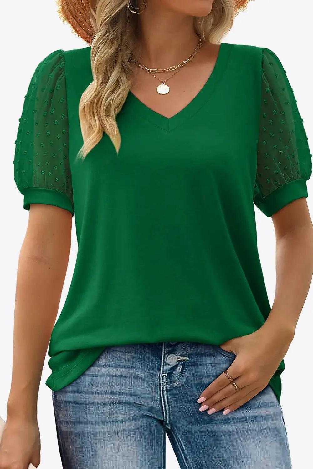 Swiss Dot Puff Sleeve V-Neck Tee Luxe Curves Plus Size Fashion