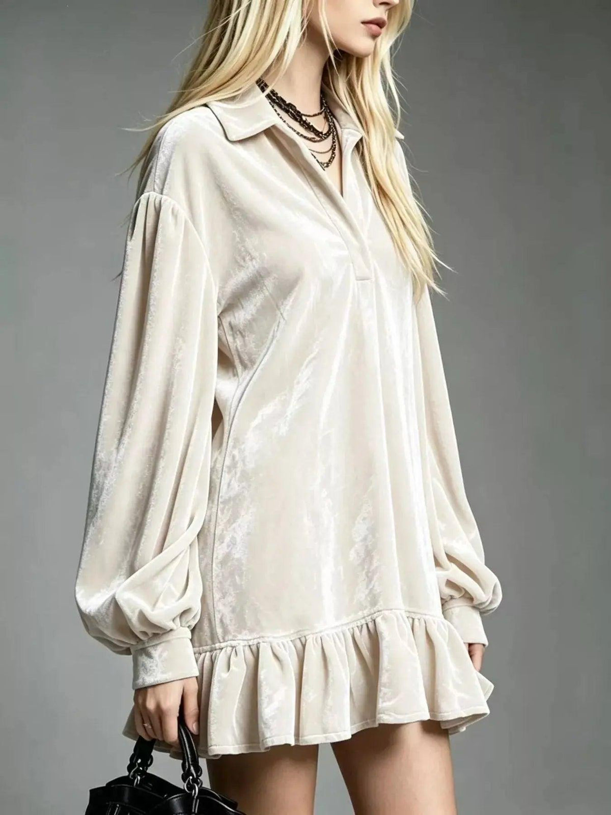 Full Size Velvet Ruffled Hem Long Sleeve Dress Plus Size Luxe Curves Plus Size Fashion