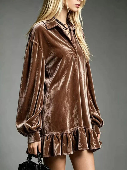 Full Size Velvet Ruffled Hem Long Sleeve Dress Plus Size Luxe Curves Plus Size Fashion