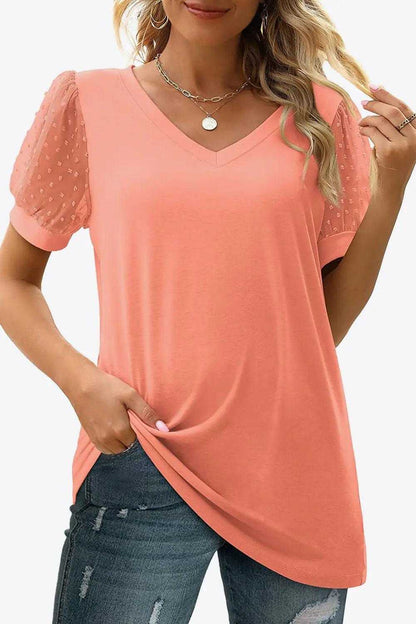 Swiss Dot Puff Sleeve V-Neck Tee Luxe Curves Plus Size Fashion