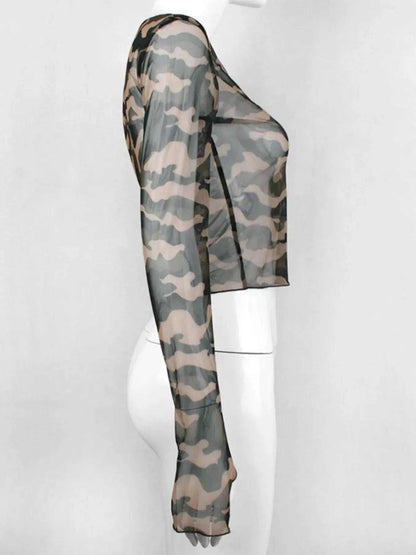 Camouflage Mesh Long Sleeve T-Shirt Luxe Curves Plus Size Fashion
