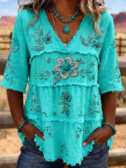 Full Size Floral Raw Hem V-Neck Blouse Plus Size Luxe Curves Plus Size Fashion