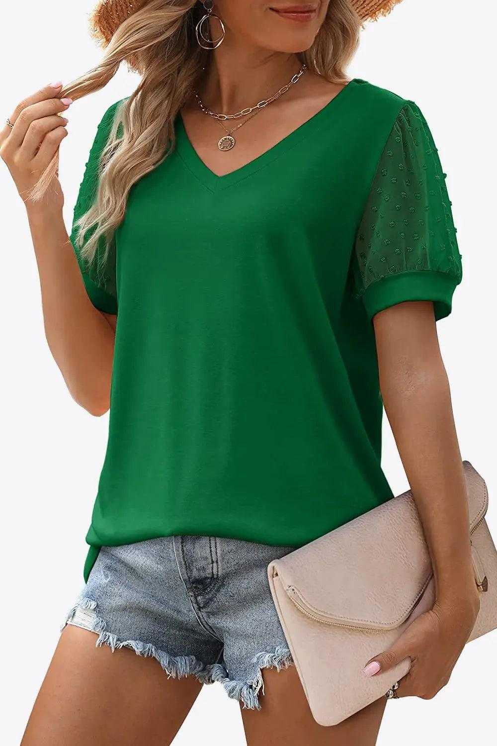 Swiss Dot Puff Sleeve V-Neck Tee Luxe Curves Plus Size Fashion