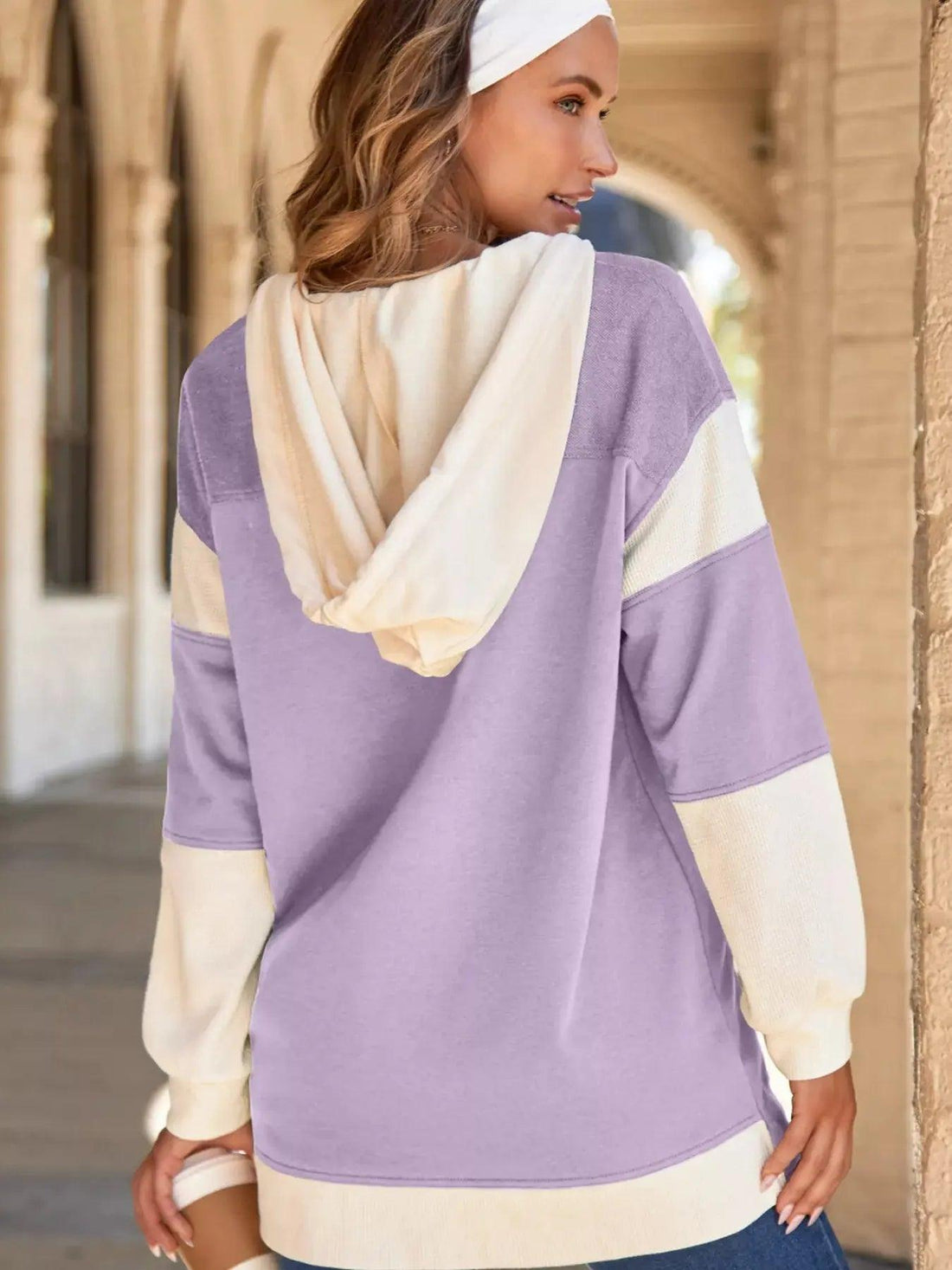 Waffle Contrast Knit Color Block Patchwork Button Front Oversize Hoodi Luxe Curves Plus Size Fashion